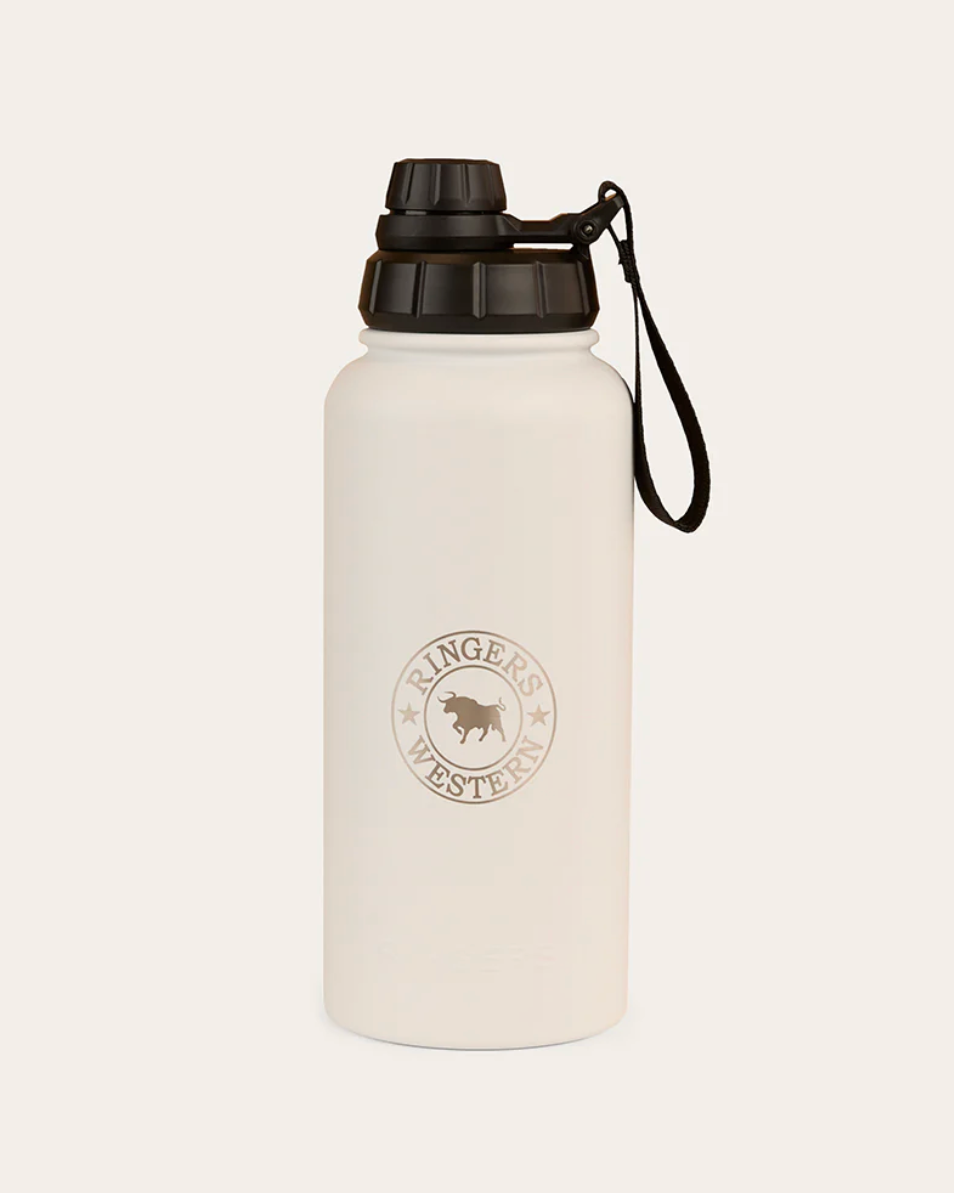 White water bottle with black lid and strap on a white background