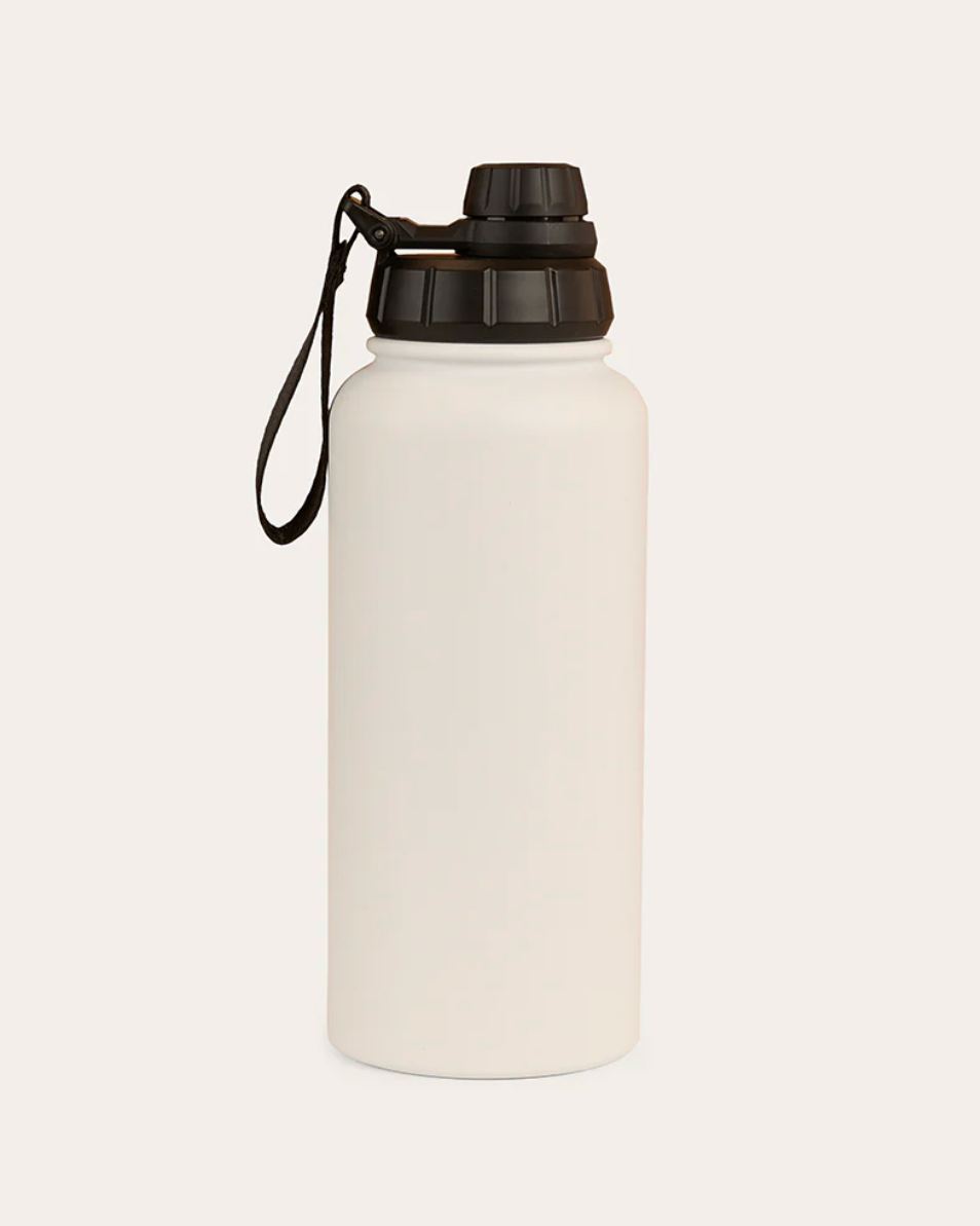 White water bottle with black lid and handle on a white background