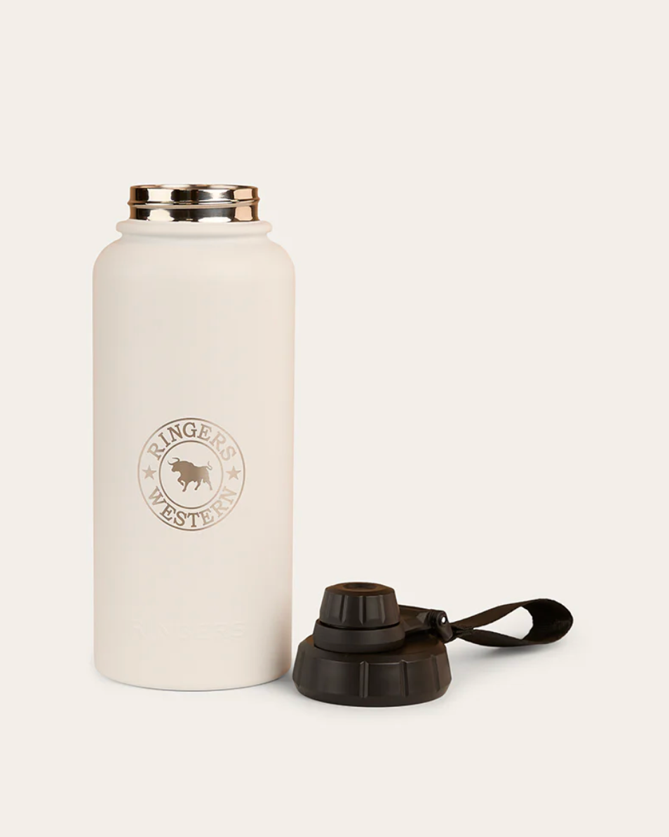 White water bottle with a logo and black cap on a white background