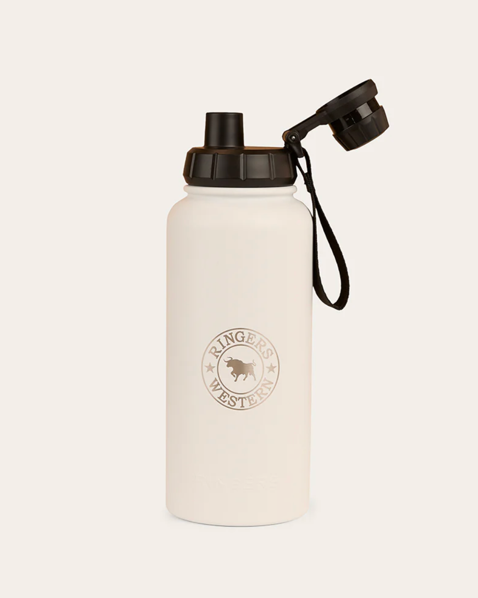 White water bottle with black lid and strap on a white background