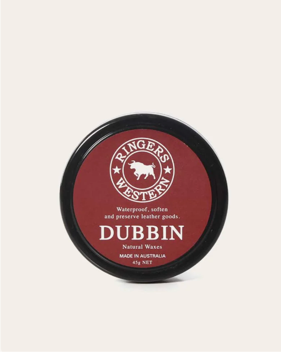 Jar of Ringer's Western Dubbin on a light gray background