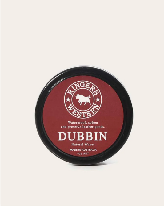 Jar of Ringer's Western Dubbin on a light gray background