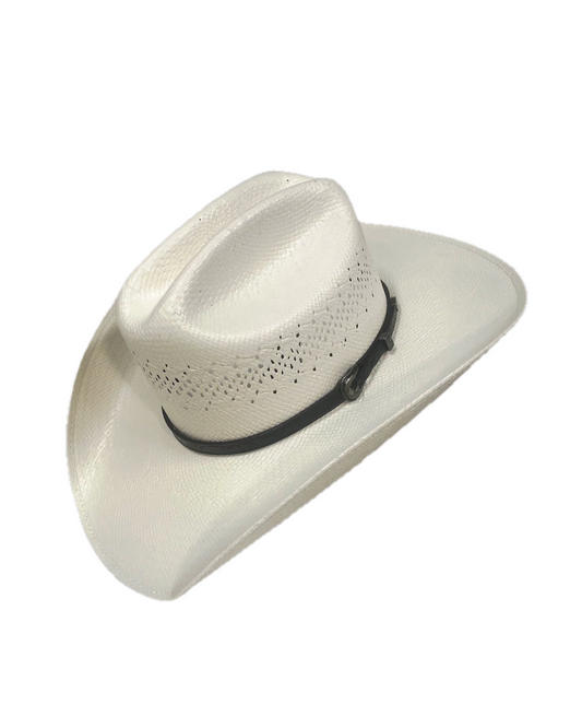 White cowboy hat with a black band on a white background