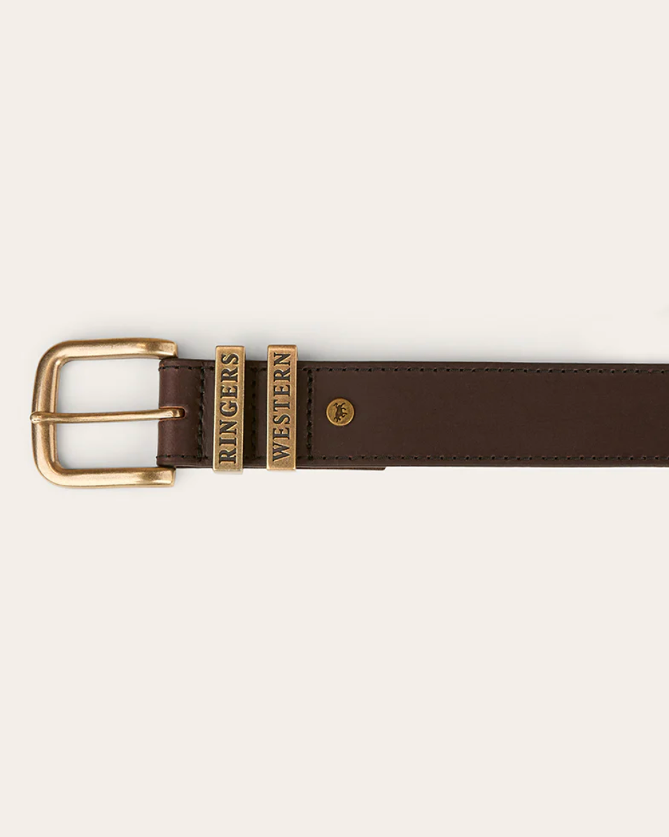 Brown belt with gold buckle on a white background