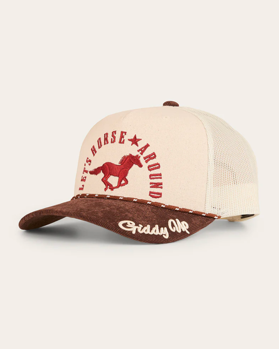Cap with horse design and text on a beige background