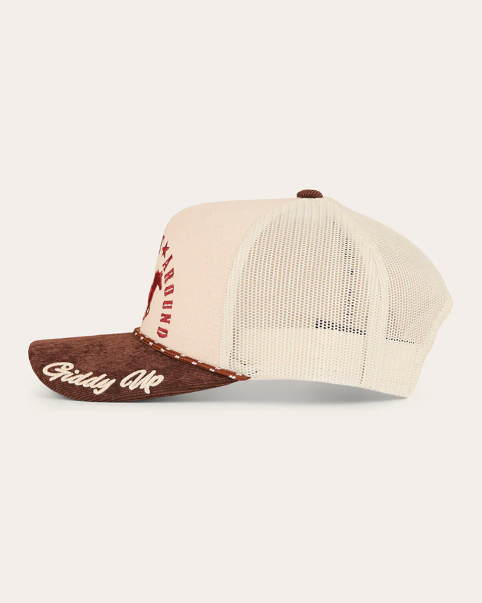 Beige and brown cap with 'Giddy Up' text on a white background