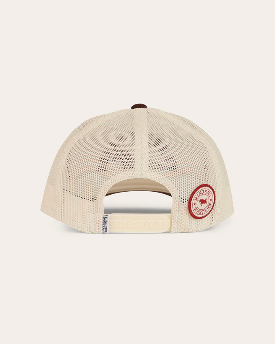 Beige cap with a red logo on a white background