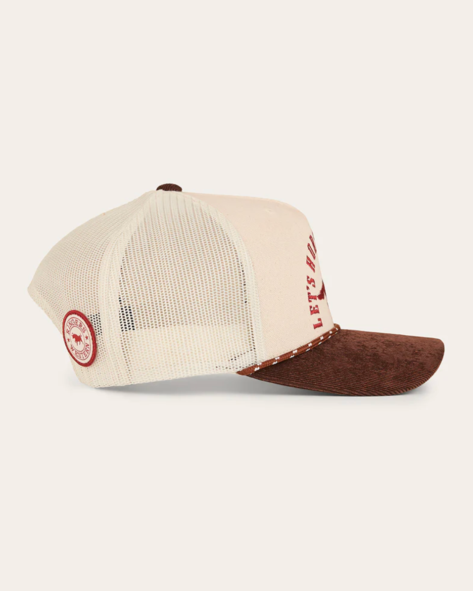 Beige and brown cap with a logo on a white background