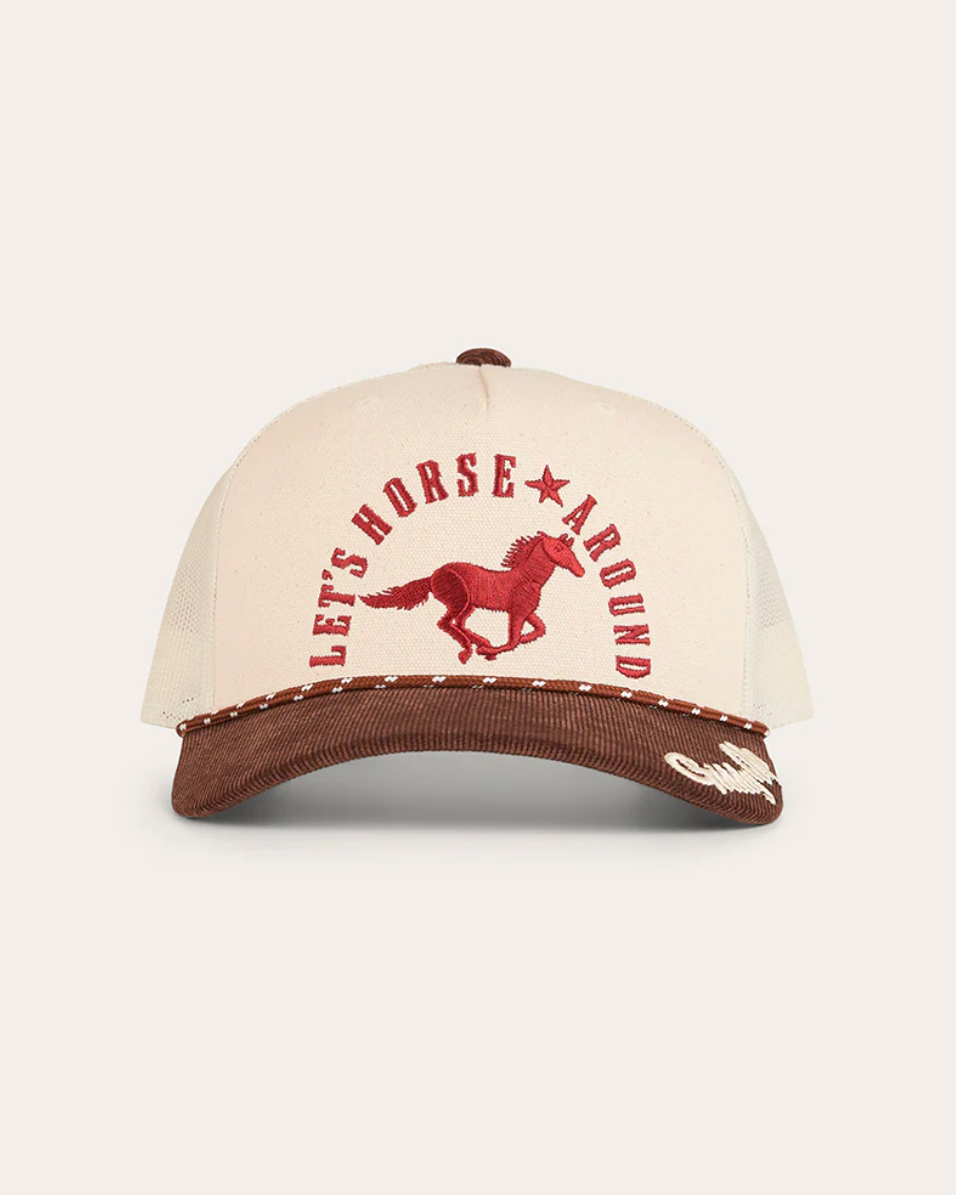 Cap with 'Let's Horse Around' text and horse graphic on a beige background