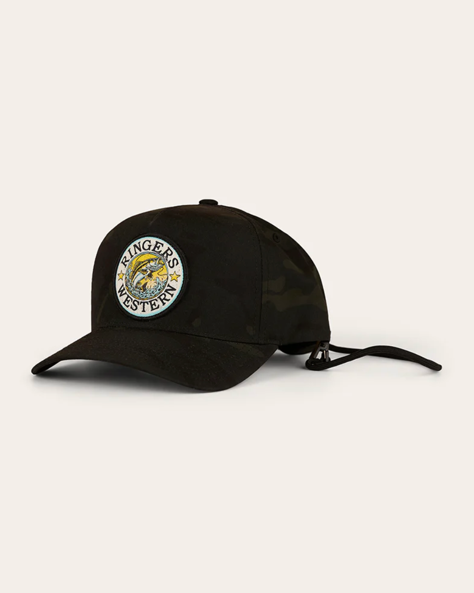 Black cap with a logo on a white background