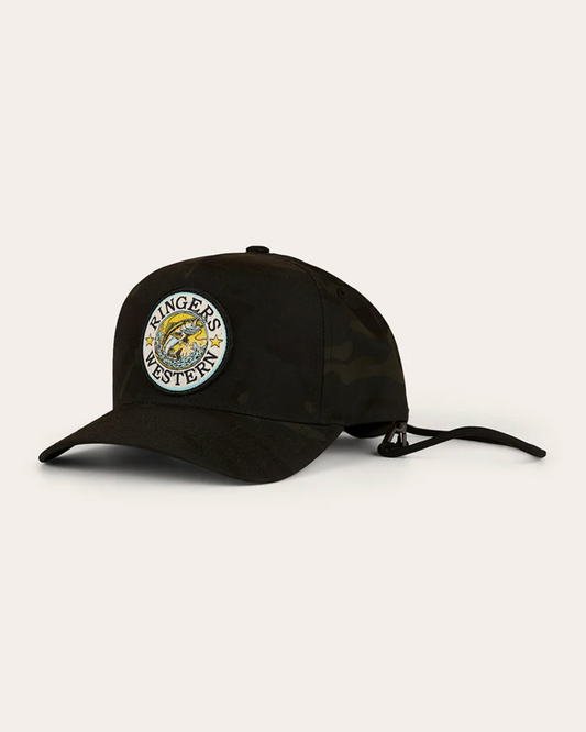 Black cap with a logo on a white background