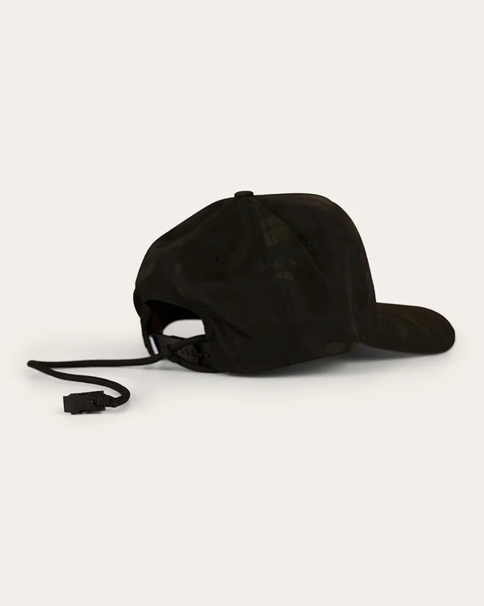 Black cap with a strap on a white background