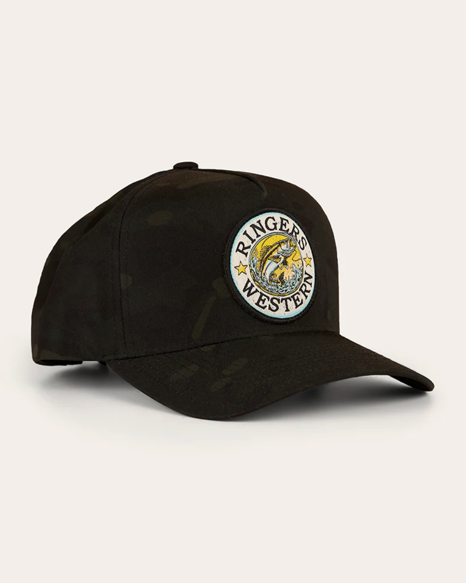 Black cap with a logo on a light gray background