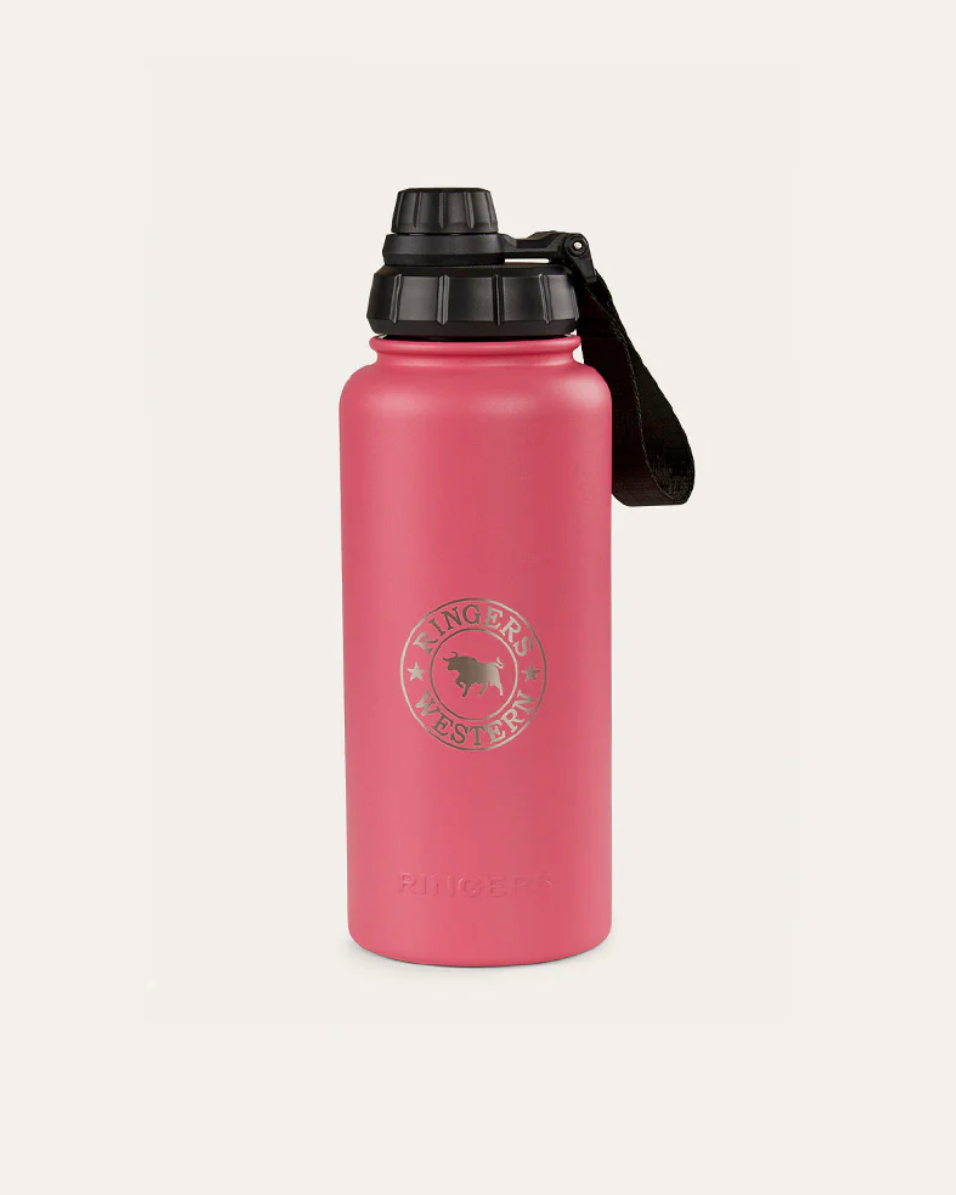 Pink water bottle with black lid and strap on a white background