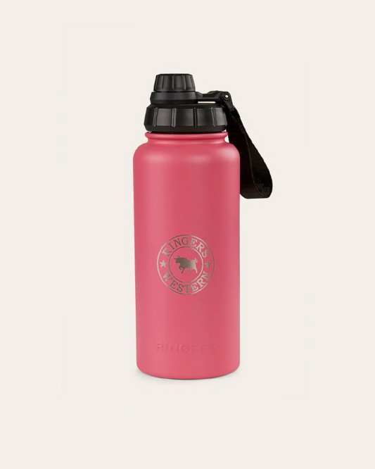 Pink water bottle with black lid and strap on a white background