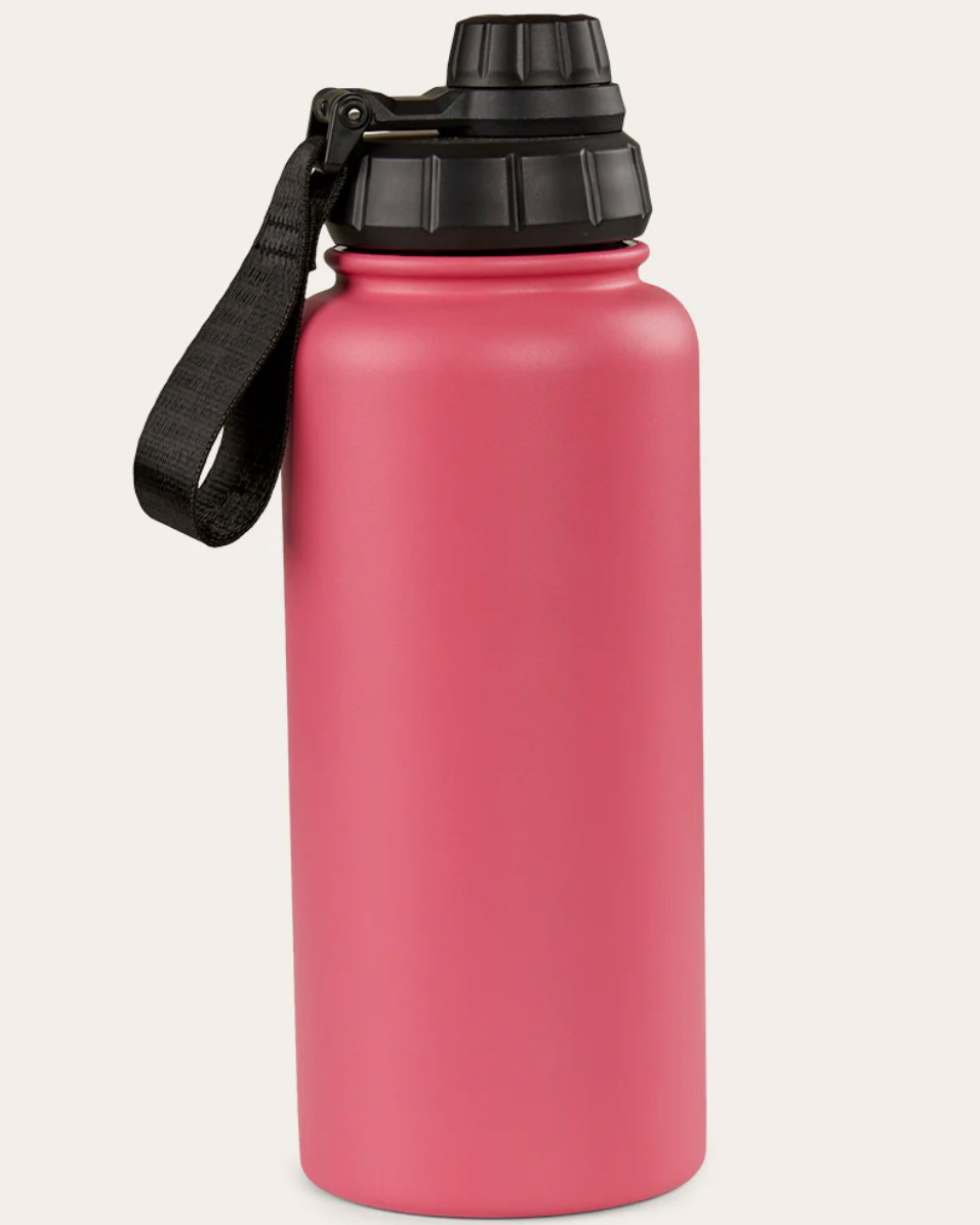 Pink water bottle with black lid and handle on a white background