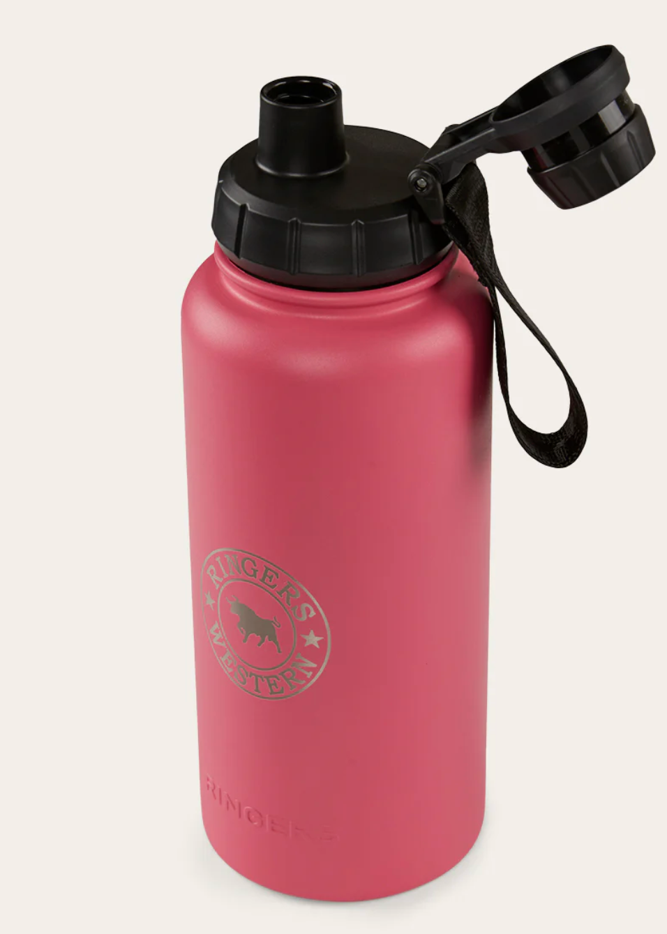 Pink water bottle with black lid and handle on a white background