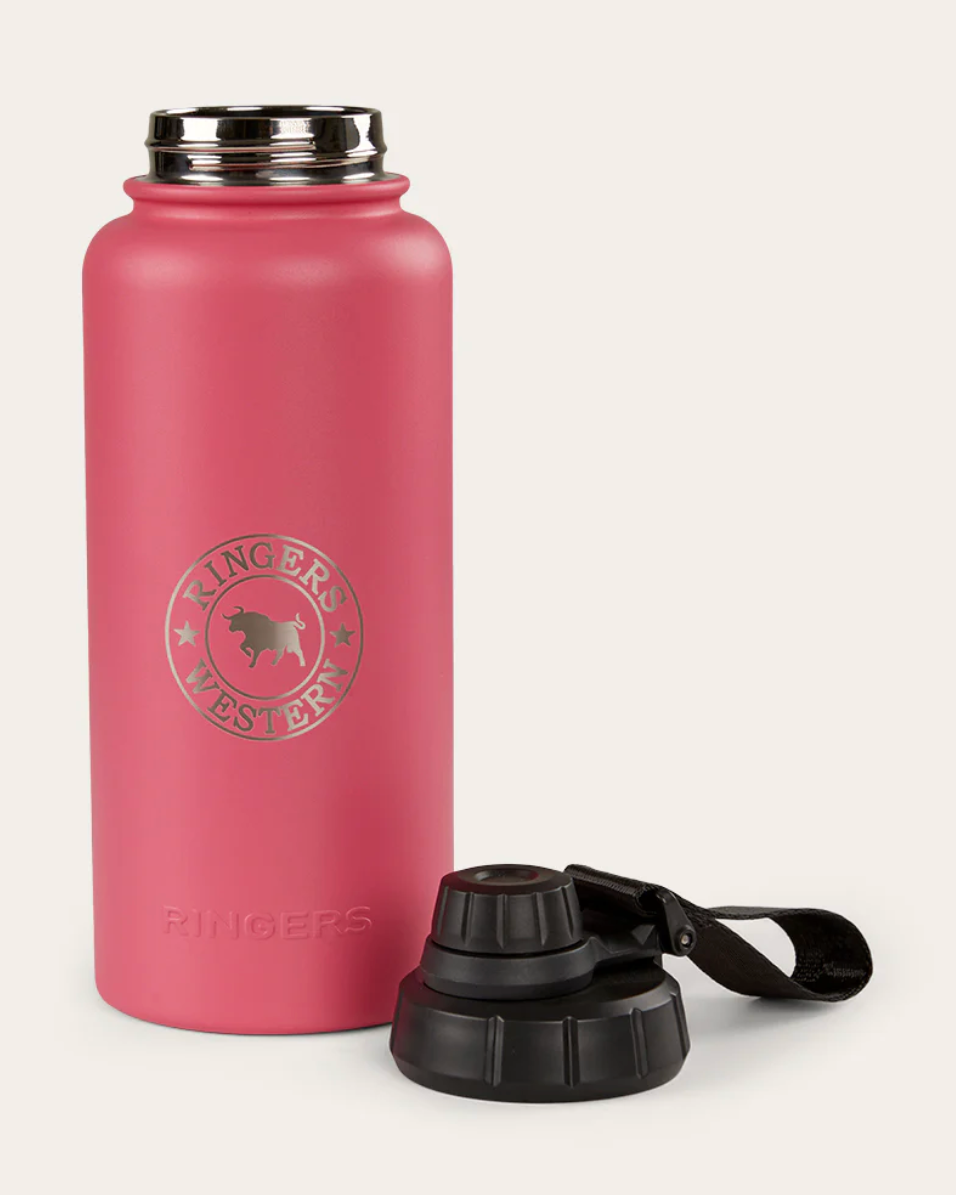 Pink water bottle with a logo and black cap on a white background
