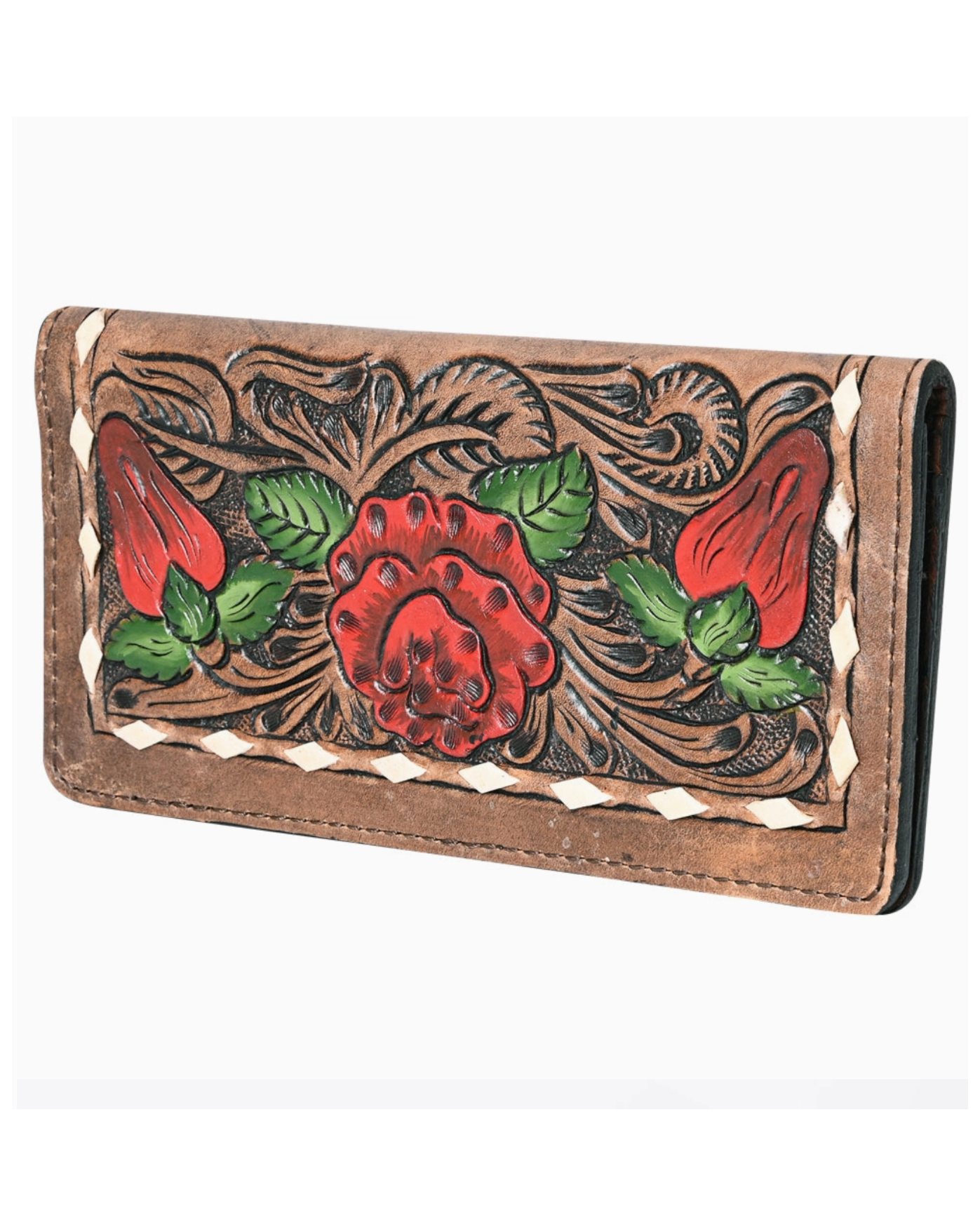 Leather wallet with floral design on a white background