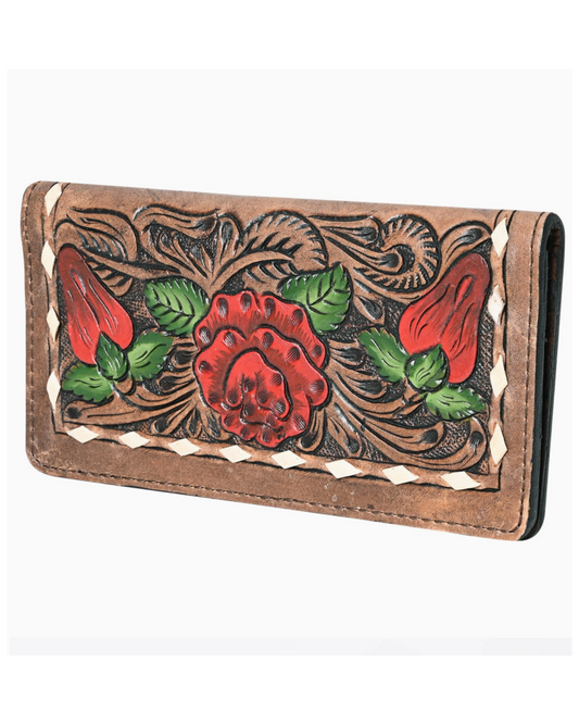 Leather wallet with floral design on a white background