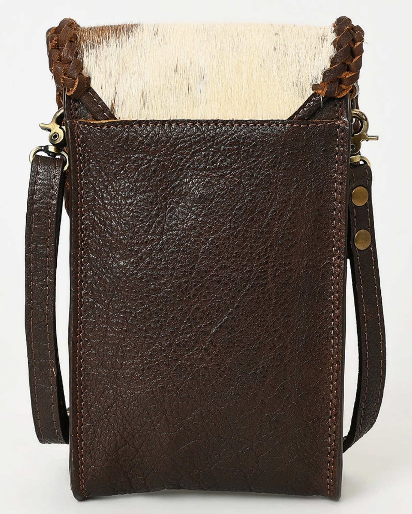 Brown leather crossbody bag with braided handle on a white background