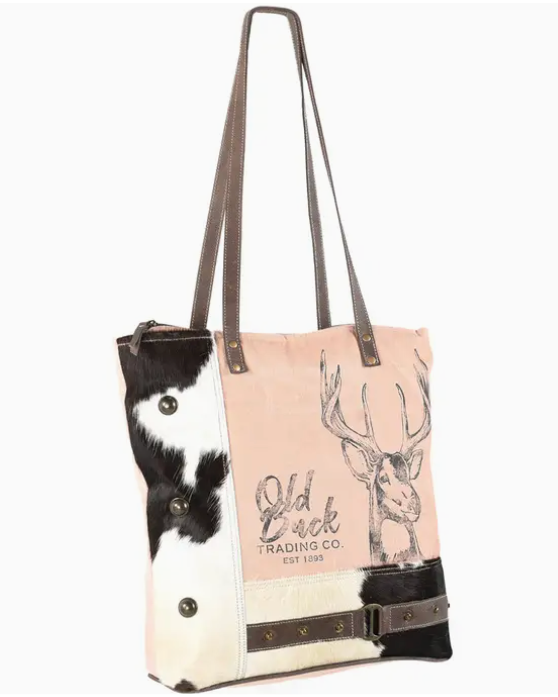 Tote bag with cow print and deer design on a white background