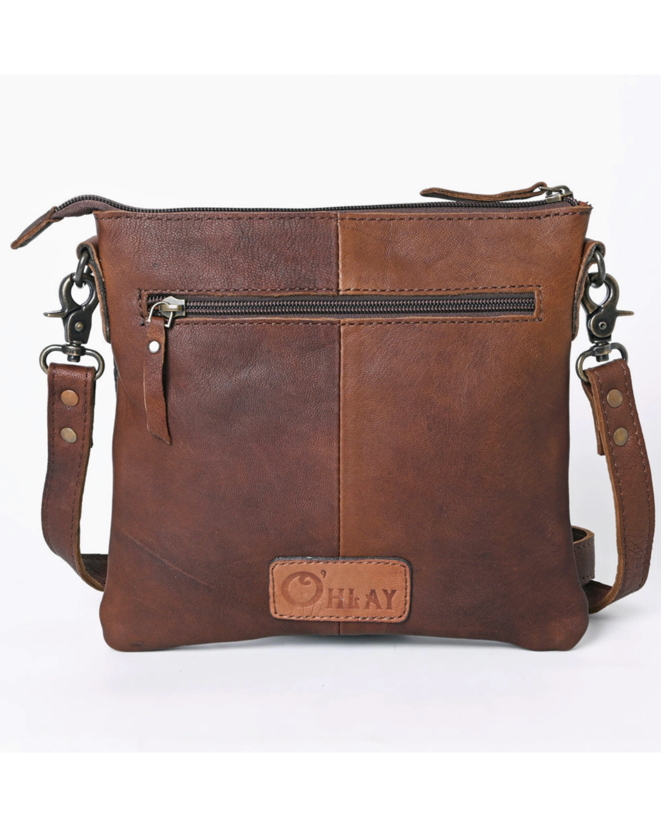 Brown leather crossbody bag with a visible brand logo on a white background