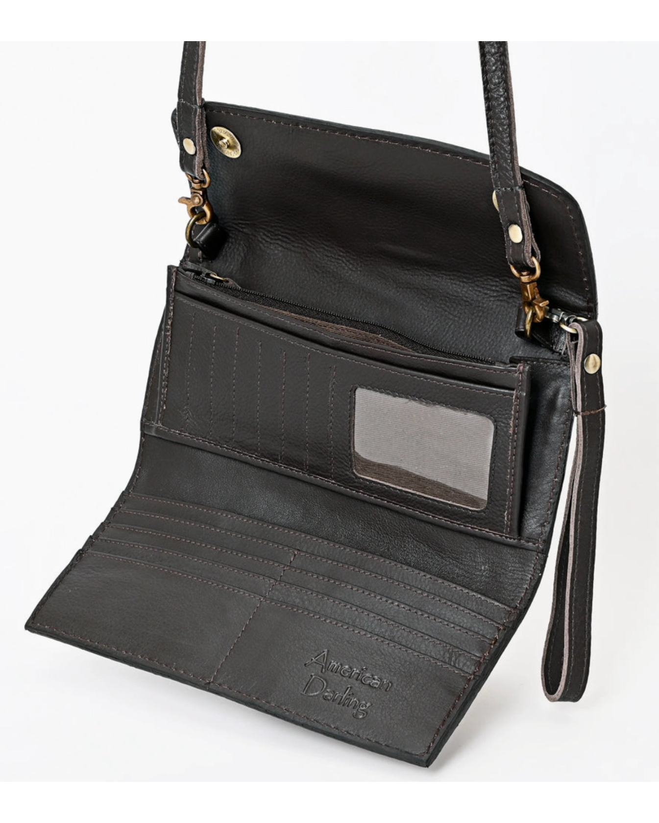 Black leather crossbody bag with a clear window on a white background