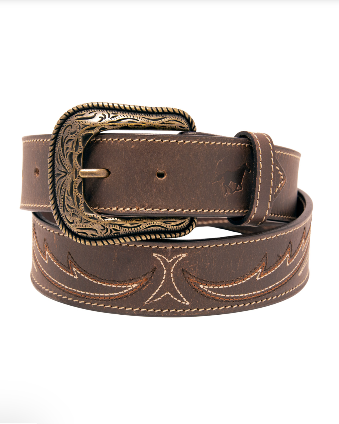 Brown leather belt with decorative buckle on a white background