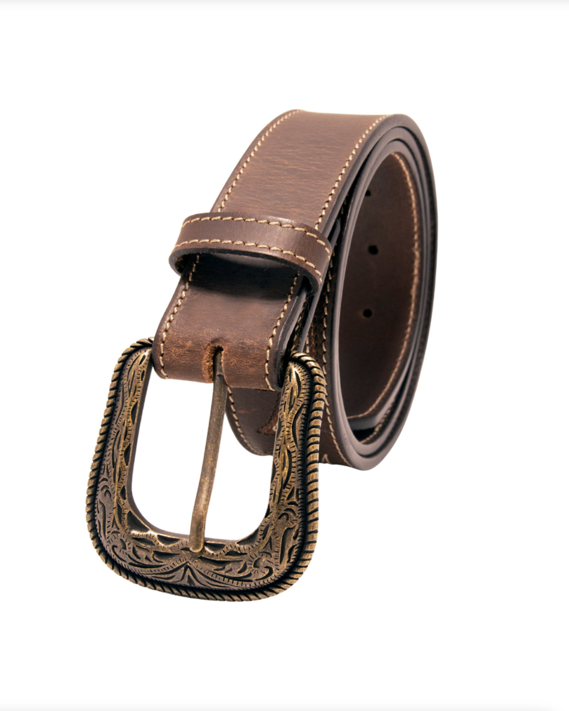 Brown leather belt with an ornate buckle on a white background