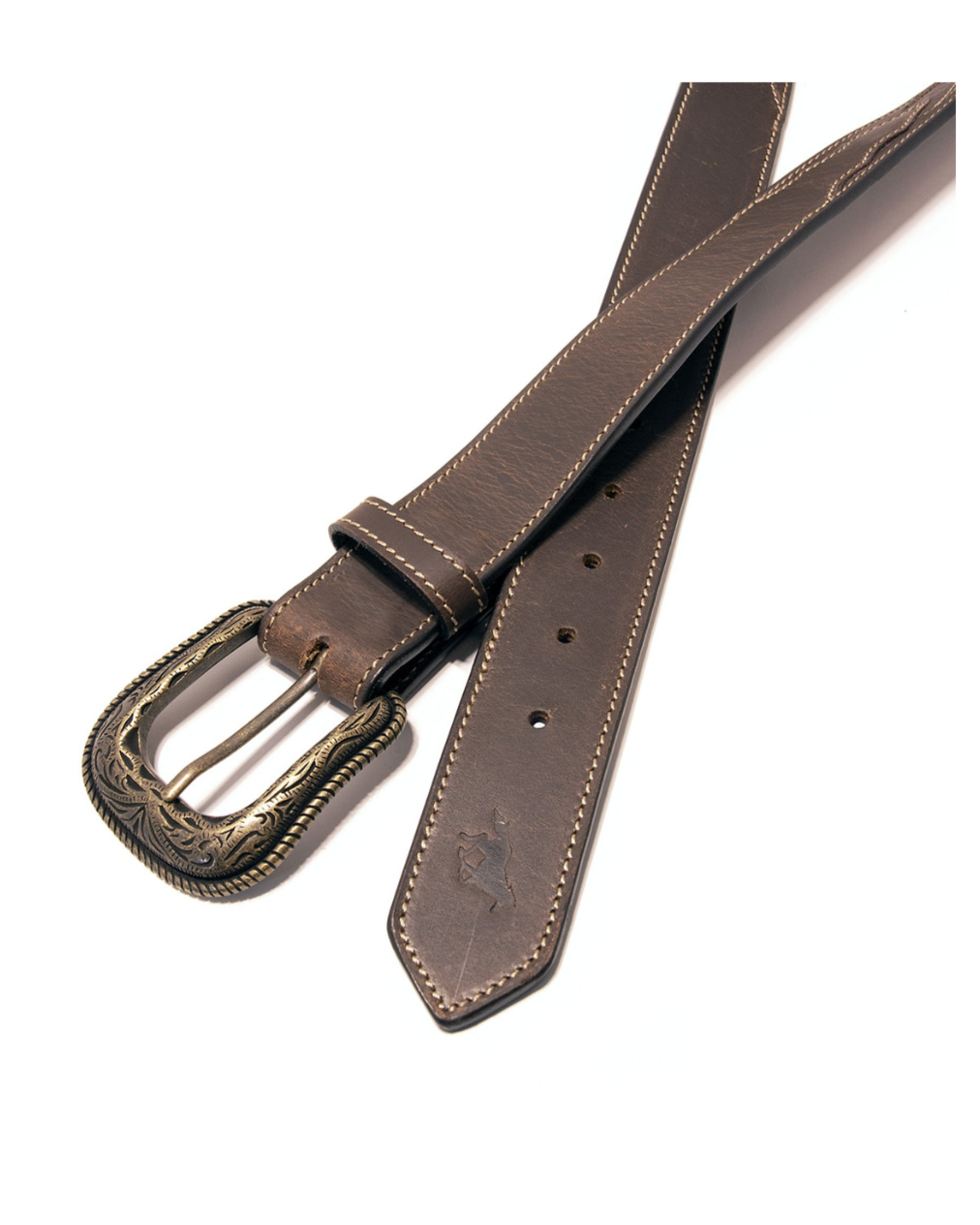 Brown leather belt with a silver buckle on a white background