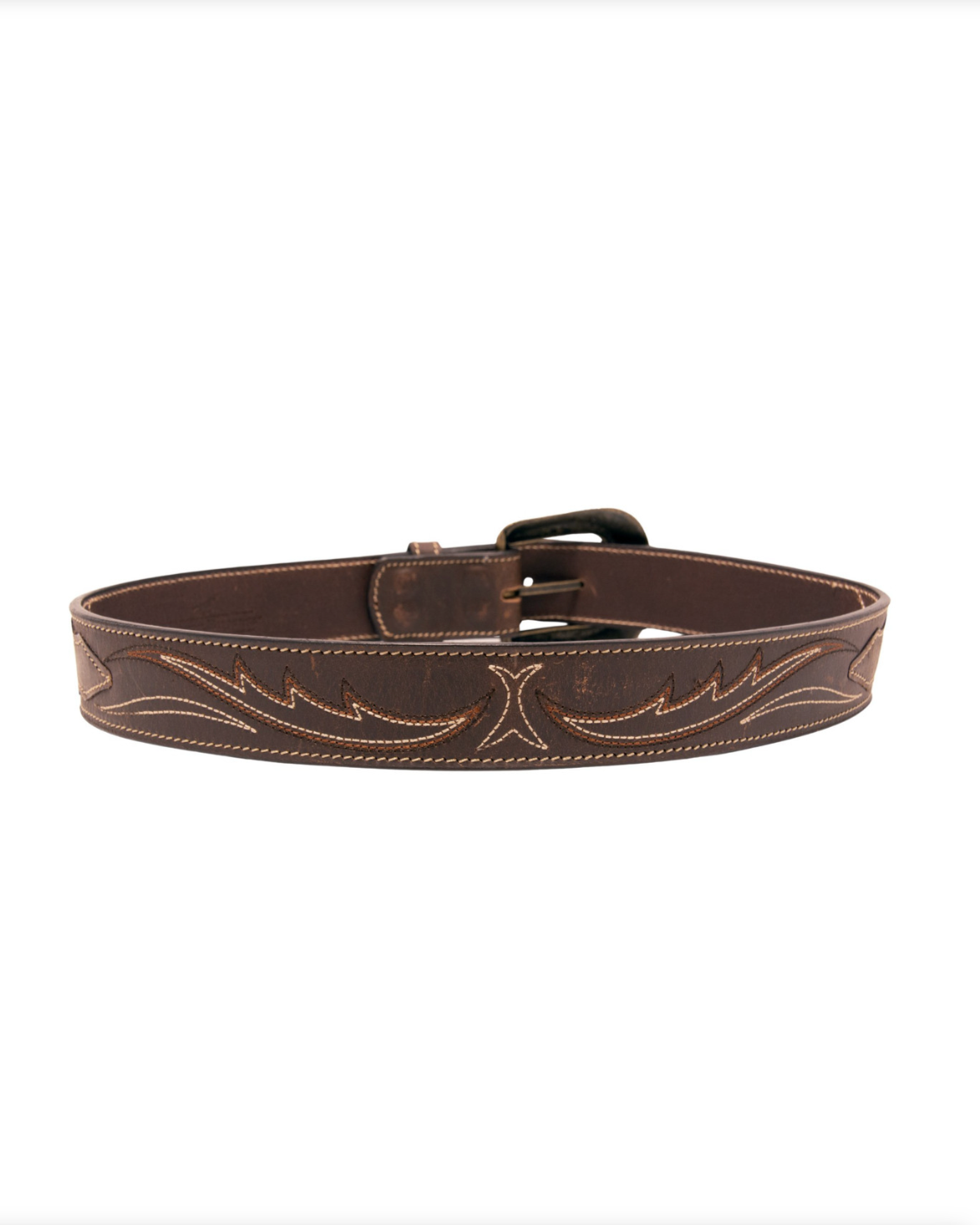 Brown leather belt with intricate designs on a white background