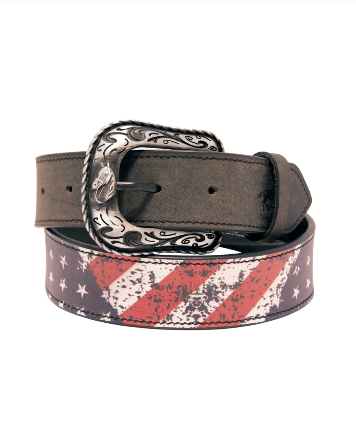 Belt with American flag pattern and decorative buckle on a white background