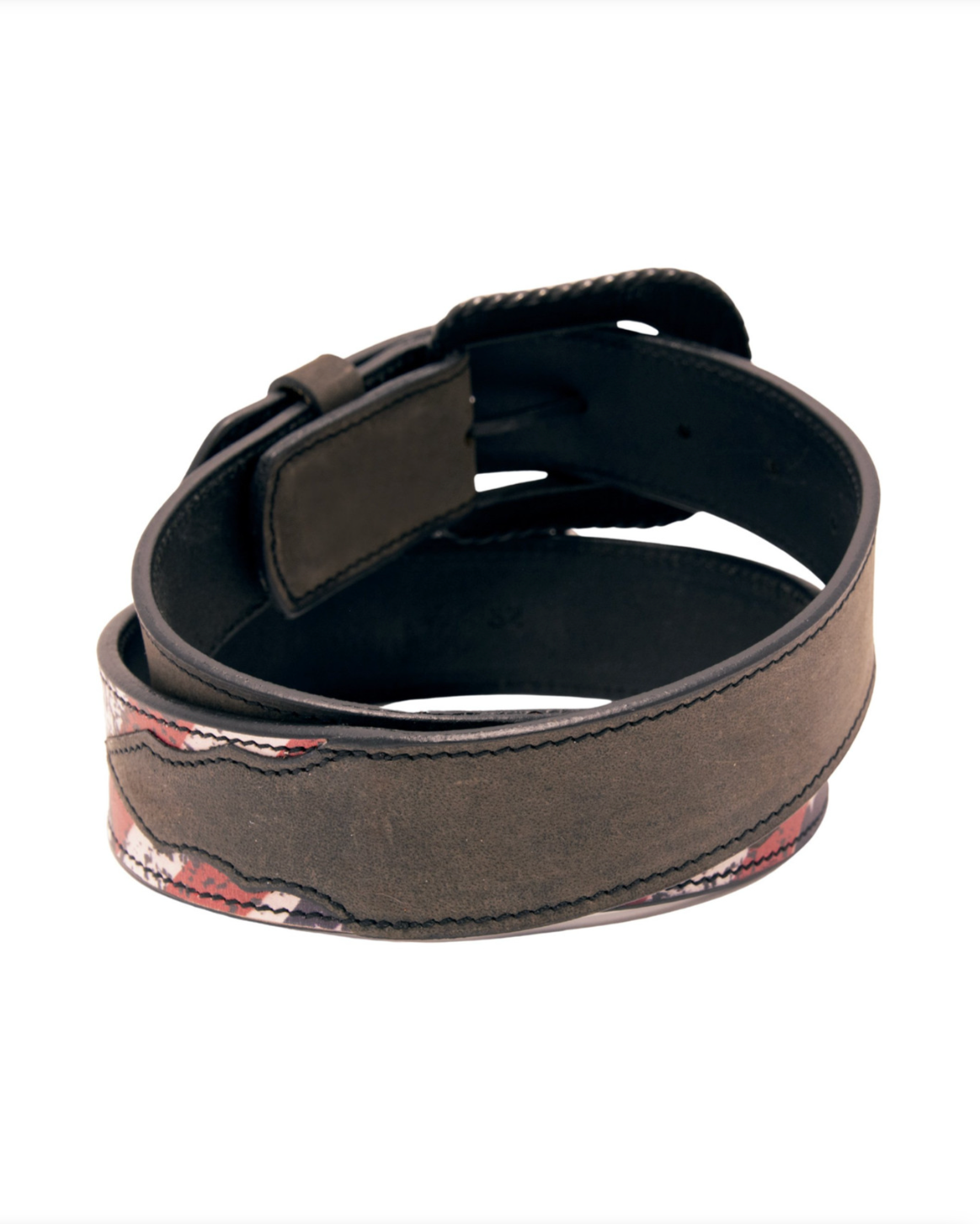 Black leather belt with camouflage pattern on a white background