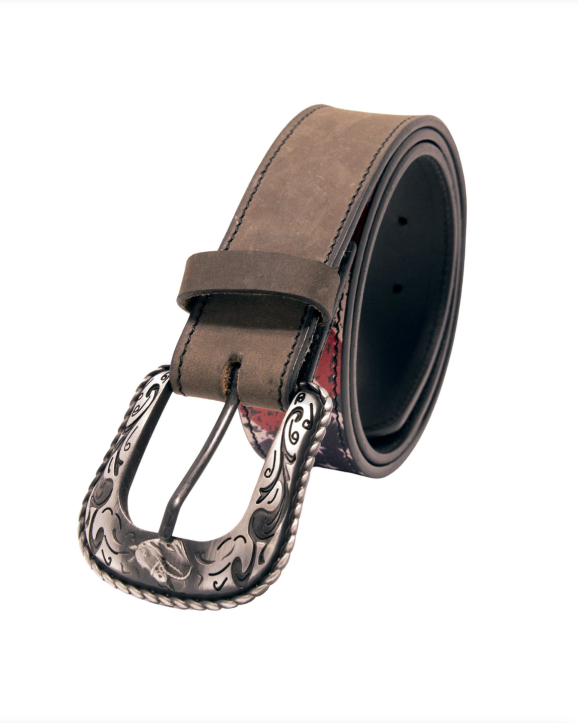 Brown leather belt with a decorative silver buckle on a white background
