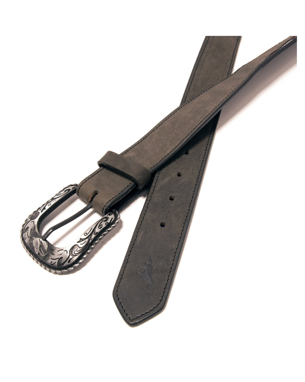 Black leather belt with silver buckle on a white background