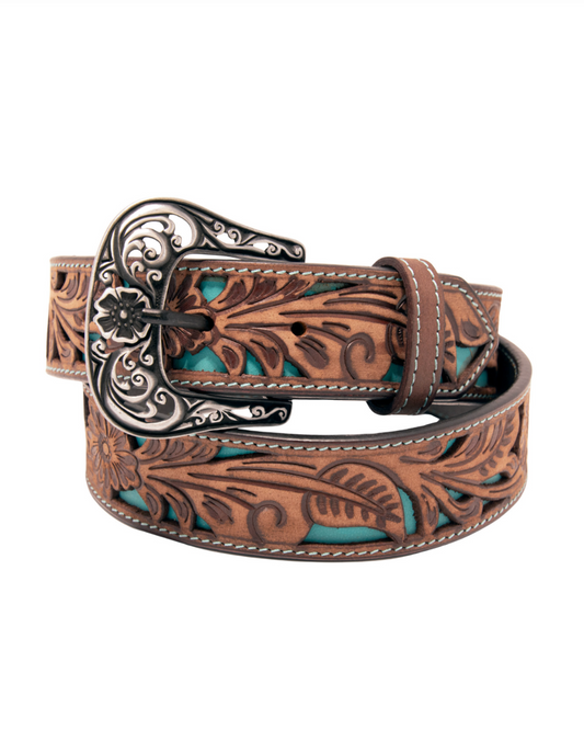 Brown leather belt with intricate design and silver buckle on a white background