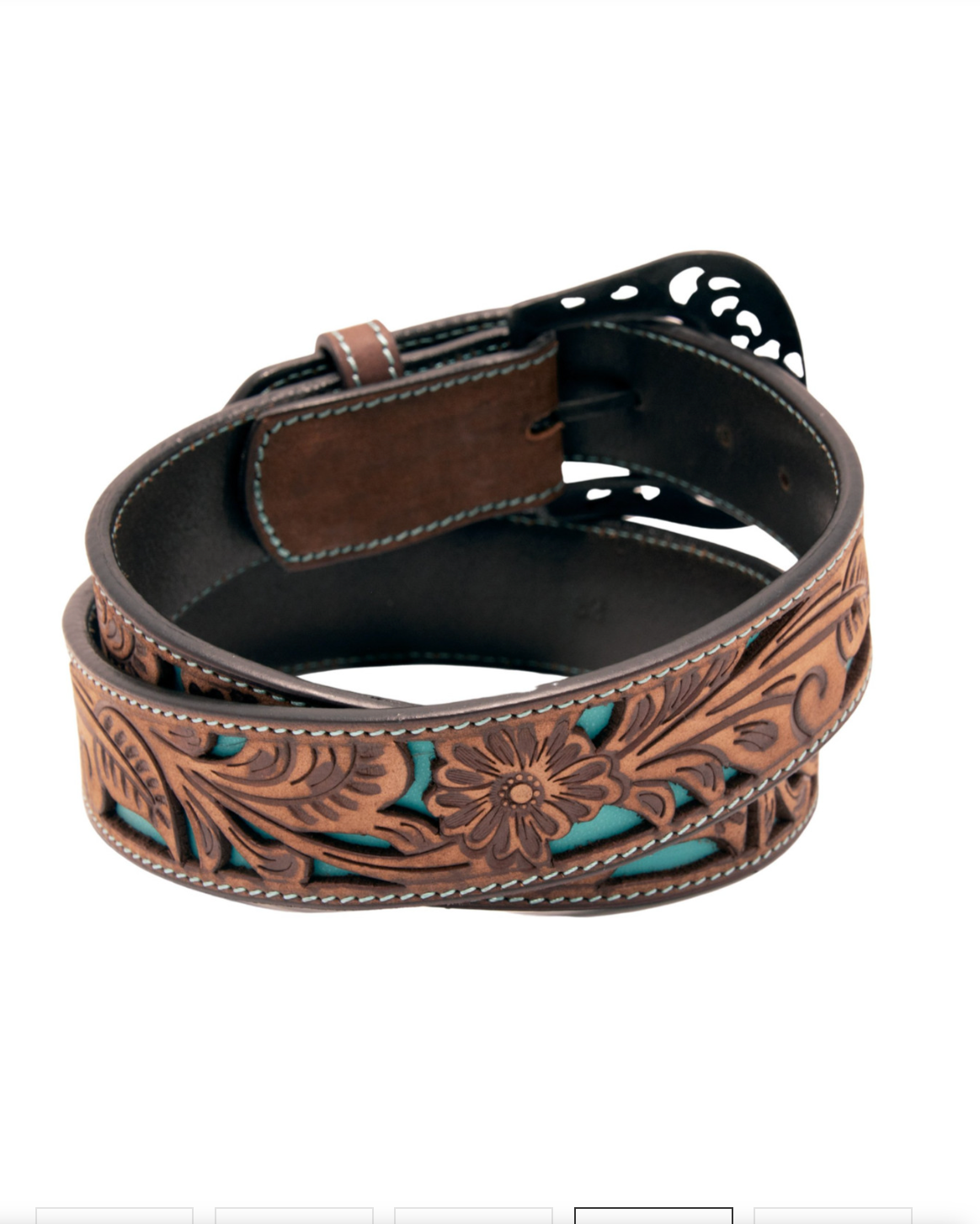 Brown leather belt with intricate floral patterns on a white background