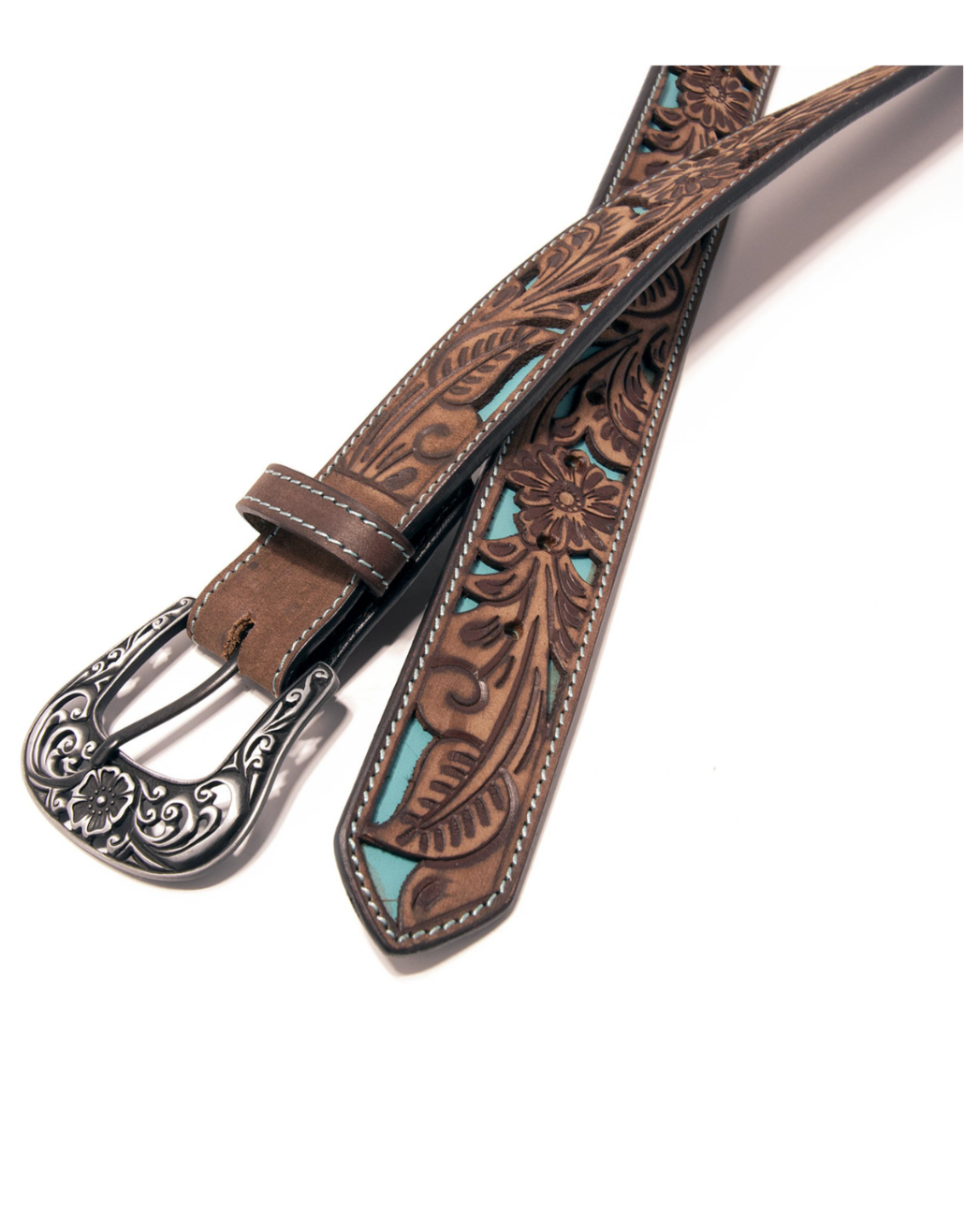 Brown leather belt with intricate design and silver buckle on a white background