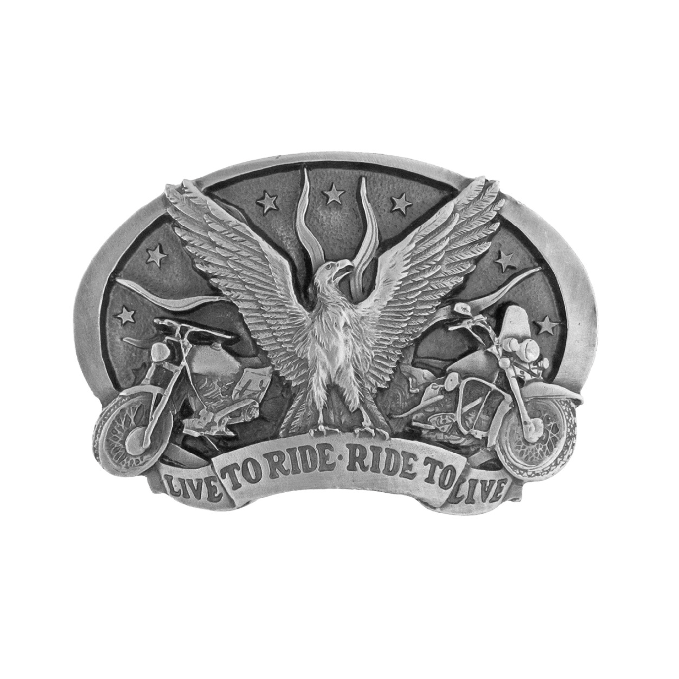 Belt buckle with an eagle and motorcycles and 'Live to Ride, Ride to Live' text on a white background