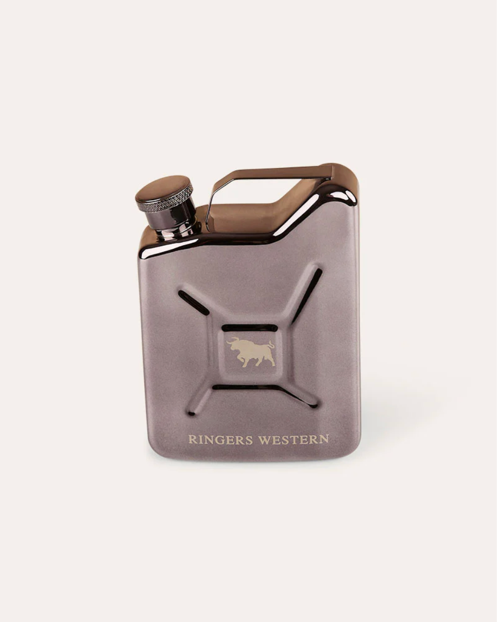 Ringers Western: Stainless Steel Fuel Tank Hip Flask featuring the signature bull logo on the front - Texas Western New Zealand
