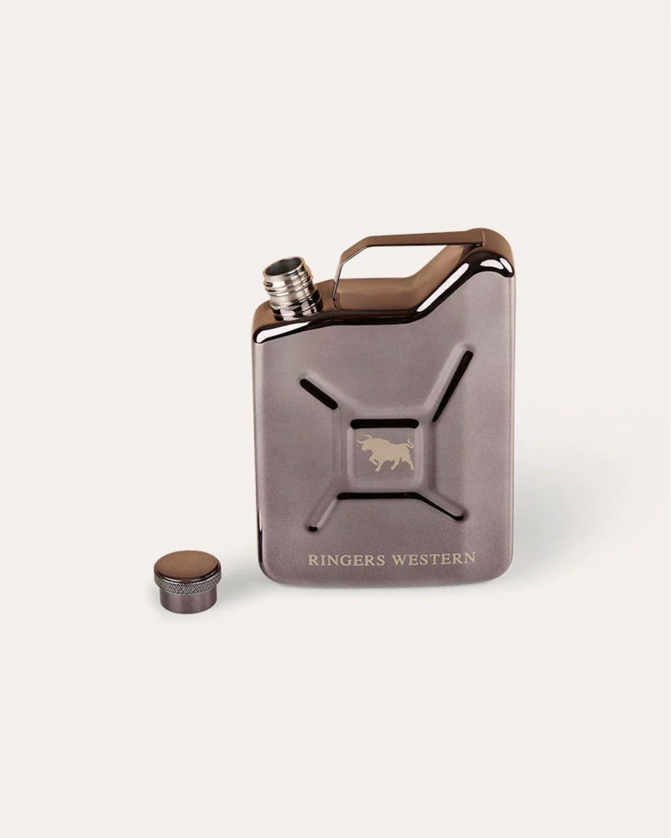Ringers Western: Stainless Steel Fuel Tank Hip Flask featuring the signature bull logo on the front - Texas Western New Zealand