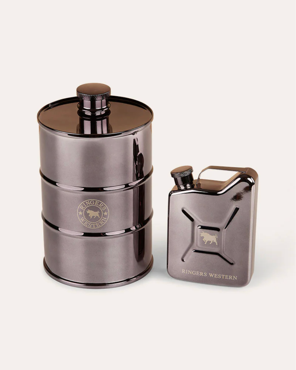Ringers Western: Stainless Steel Fuel Tank Hip Flask featuring the signature bull logo on the front - Texas Western New Zealand
