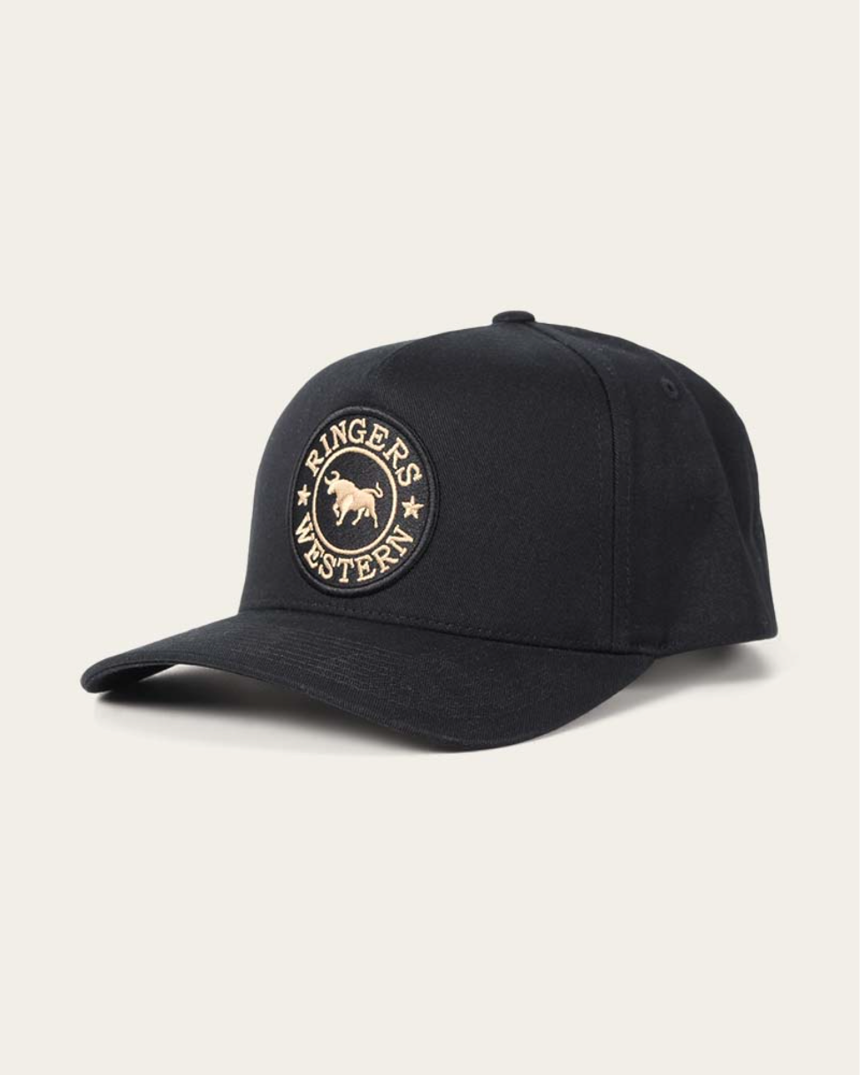 Ringers Western: Grover Baseball Cap in Black with the Signature Bull Logo in golden Embroidery - Texas Western New Zealand