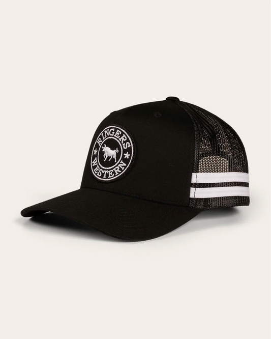 Ringers Western: "McCoy" Trucker Cap Black/White with Signature Bull Embroidery on the front - Texas Western New Zealand