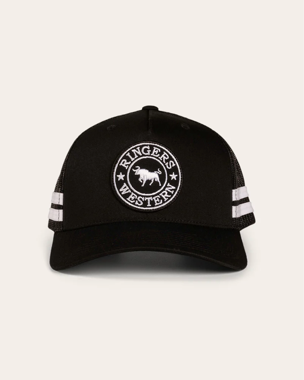 Ringers Western: "McCoy" Trucker Cap Black/White with Signature Bull Embroidery on the front - Texas Western New Zealand