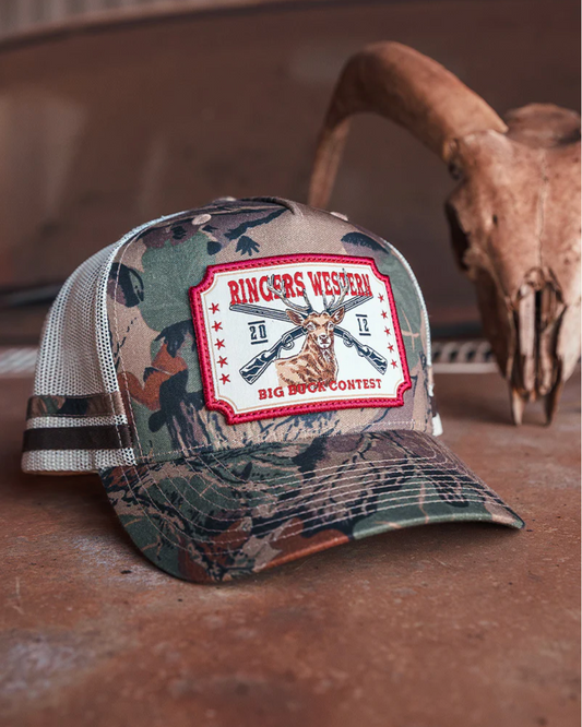 Ringers Western: "Big Buck" Deep Fit Trucker Cap in Camo with a western patch and embroidery on the front - Texas Western New Zealand