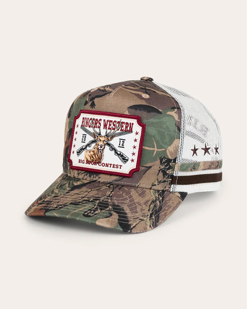 Ringers Western: "Big Buck" Deep Fit Trucker Cap in Camo with a western patch and embroidery on the front - Texas Western New Zealand