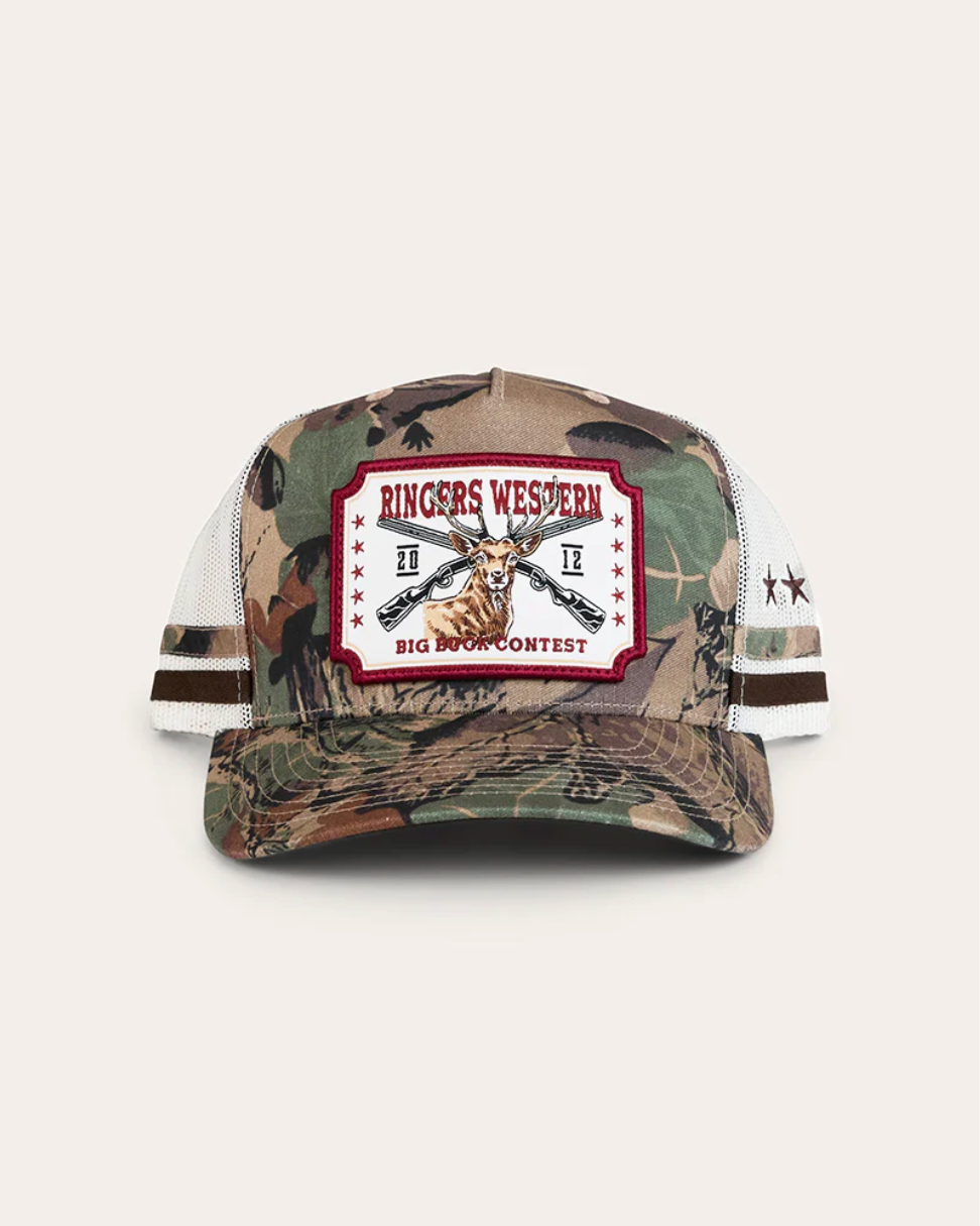Ringers Western: "Big Buck" Deep Fit Trucker Cap in Camo with a western patch and embroidery on the front - Texas Western New Zealand