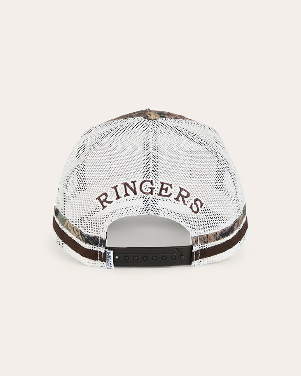 Ringers Western: "Big Buck" Deep Fit Trucker Cap in Camo with a western patch and embroidery on the front - Texas Western New Zealand